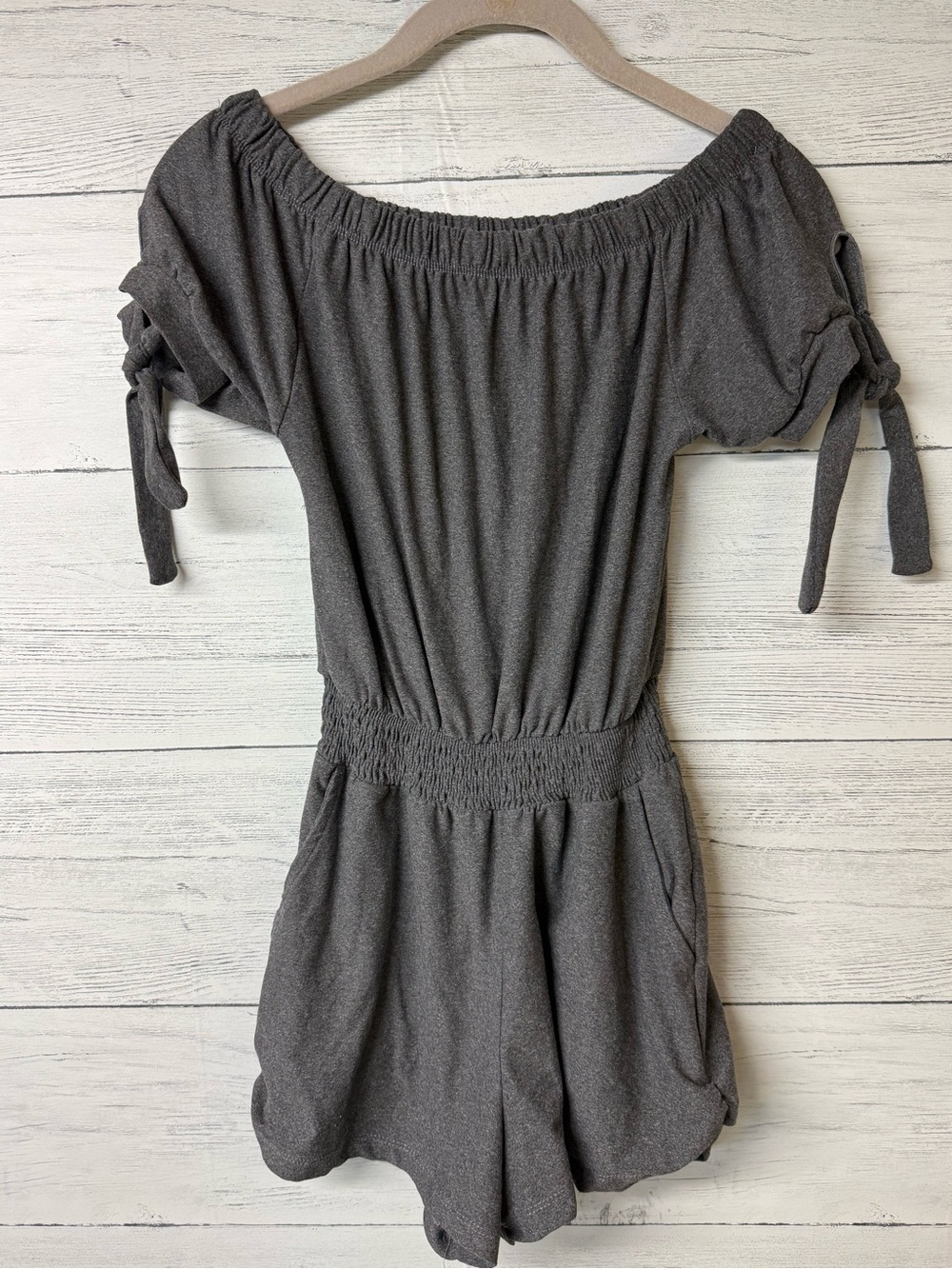 Womens Off-Shoulder Gray Knit One-Piece Romper by Derek Heart